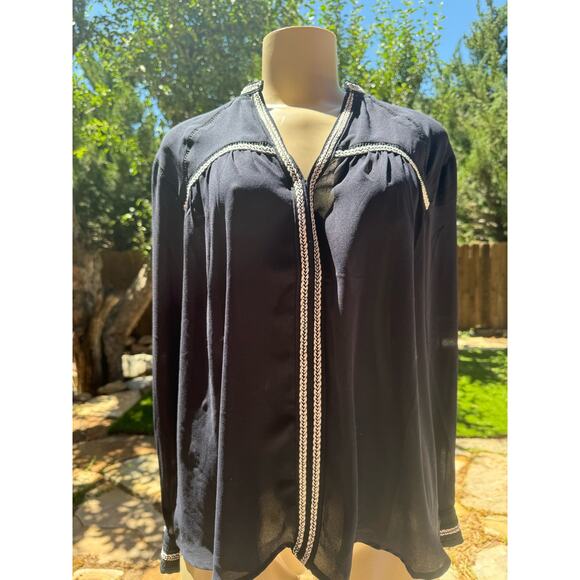 Greylin Split Neck Long Sleeve Crochet Trim Hook & Eye Chiffon Blouse Navy - Picture 1 of 7